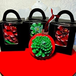 Four Handmade Pinecone Flower Ornaments